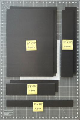 Foam board pieces cut to size with labels showing dimensions